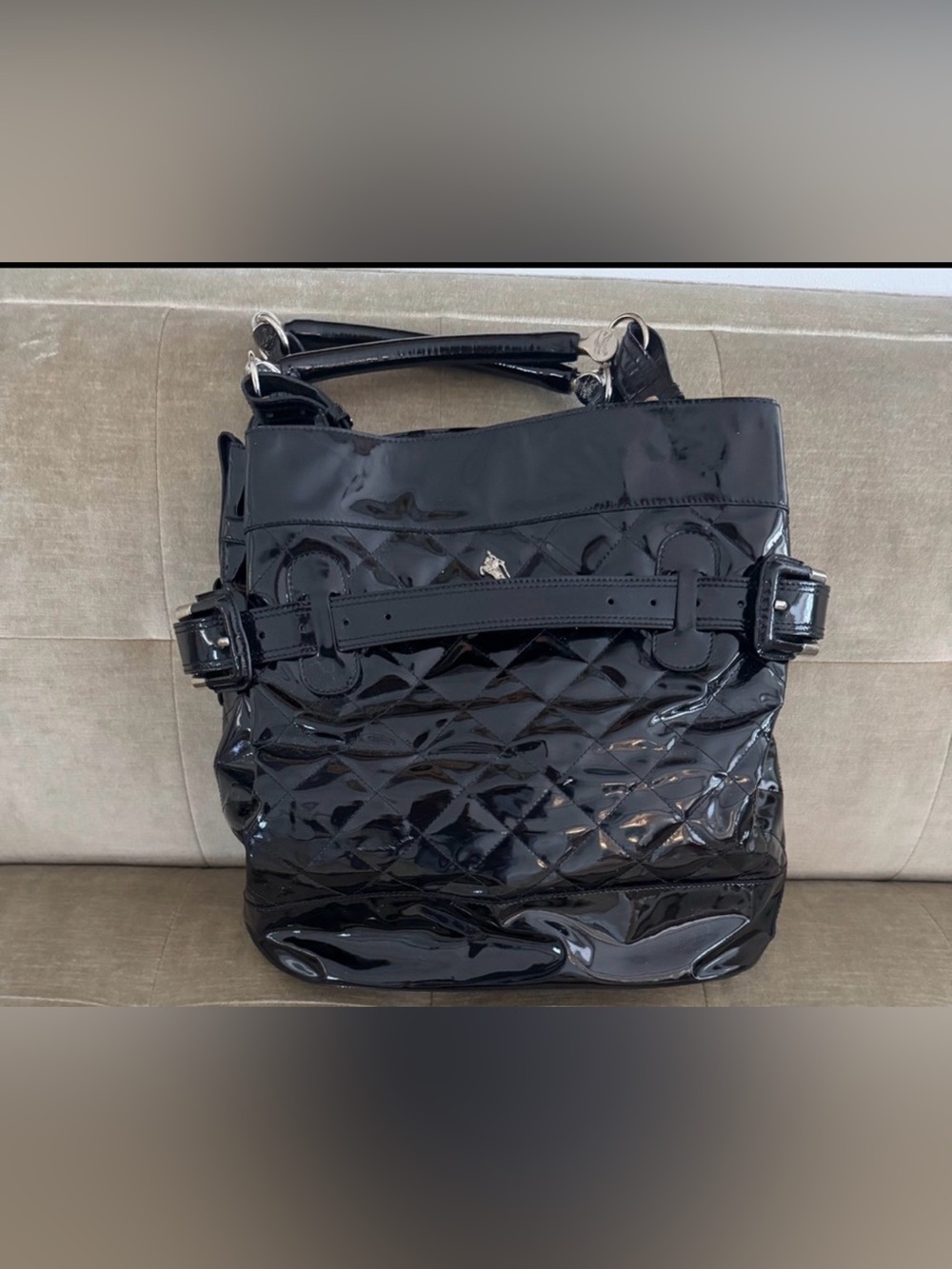 Burberry Glossy Black Quilted Shoulder Bag with Buckle Detail NWOT